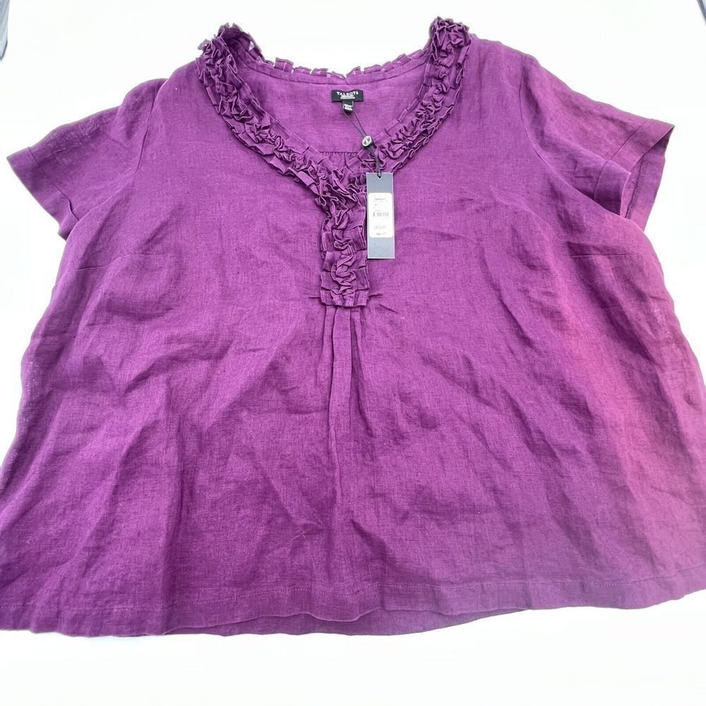 Talbots Womens Size 20WP Purple 100% Linen Cap Sleeve Ruffles Trim Top Nwt